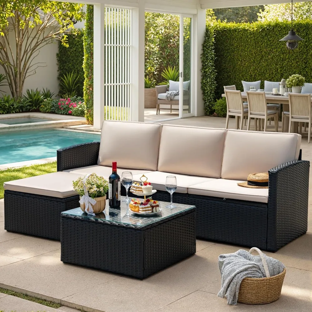 مجموعة محادثة الفناء 4 قطع أثاث خارجي مجموعات PE الخوص الروطان أريكة الفناء الاقسام قابل للتعديل جميع الأحوال الجوية مع C #2