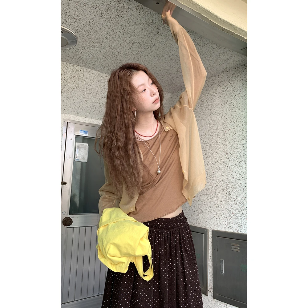 

HelloooEat Autumn Thin Letter Embroidery round Ne Knitted Open Cardigan Vintage Me Long Sve Sun Protection Women's Clo...