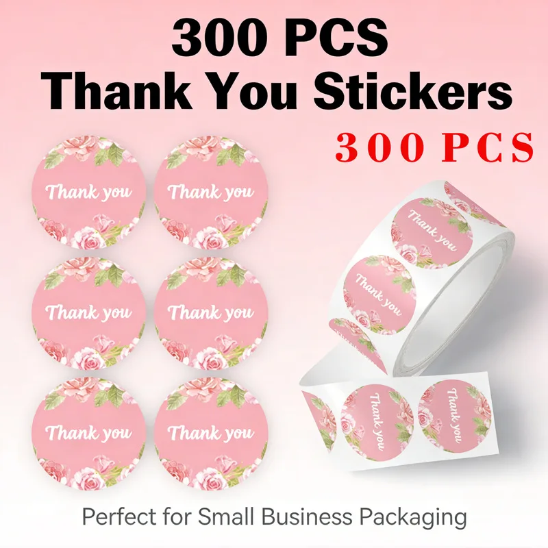 300pcs Pink Rose Thank You Stickers Round Labels for Wedding Party Envelope Gift Box Sealing Small Business Packaging