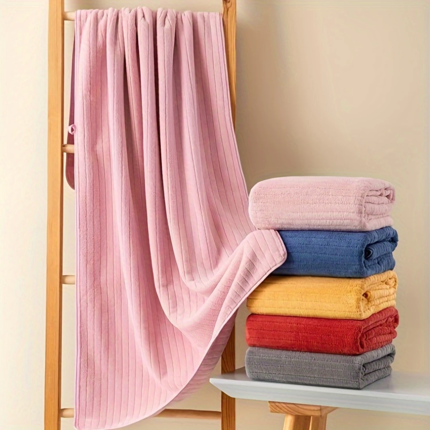 2pcs/set Quick Dry Bath Towels, Coral Velvet Towel For Daily Use, Absorbent Dry Hair Towel, Strip Patterned Bath Towel