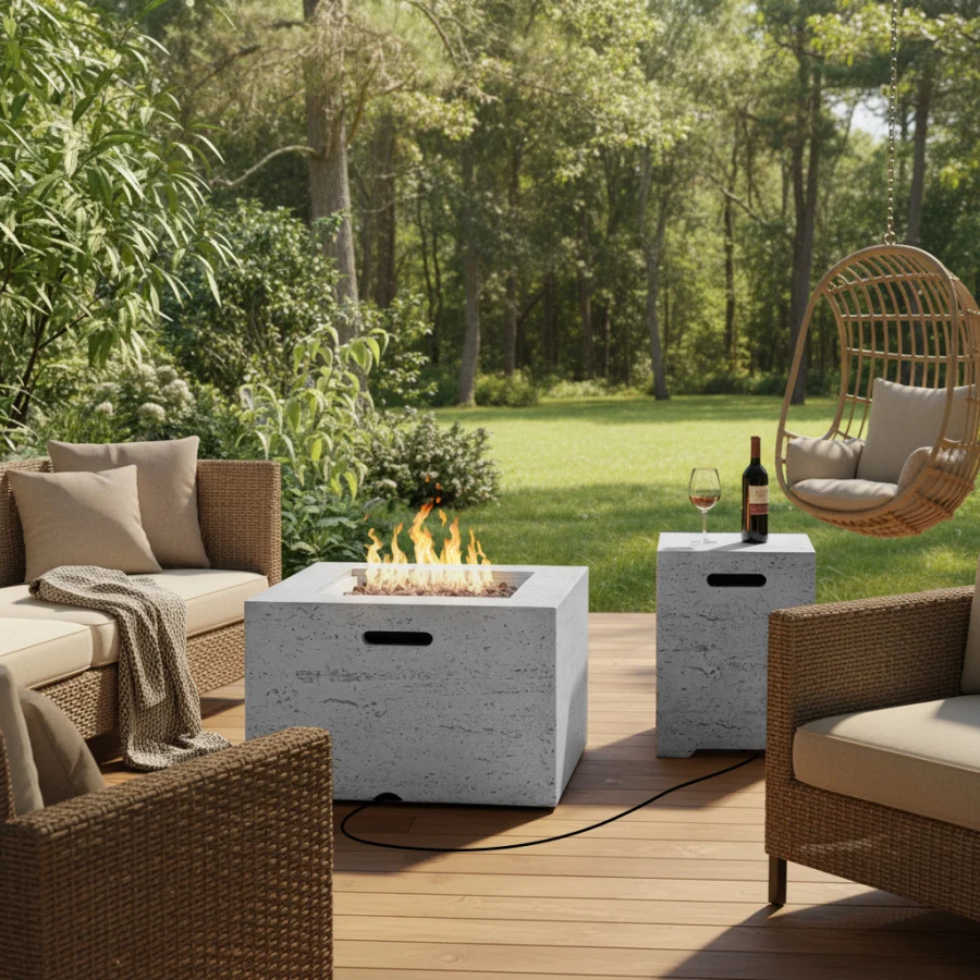 

Outdoor fire pit table for patio use, steel construction, black finish, 40000 BTU adjustable flame with lava rocks and rain cov