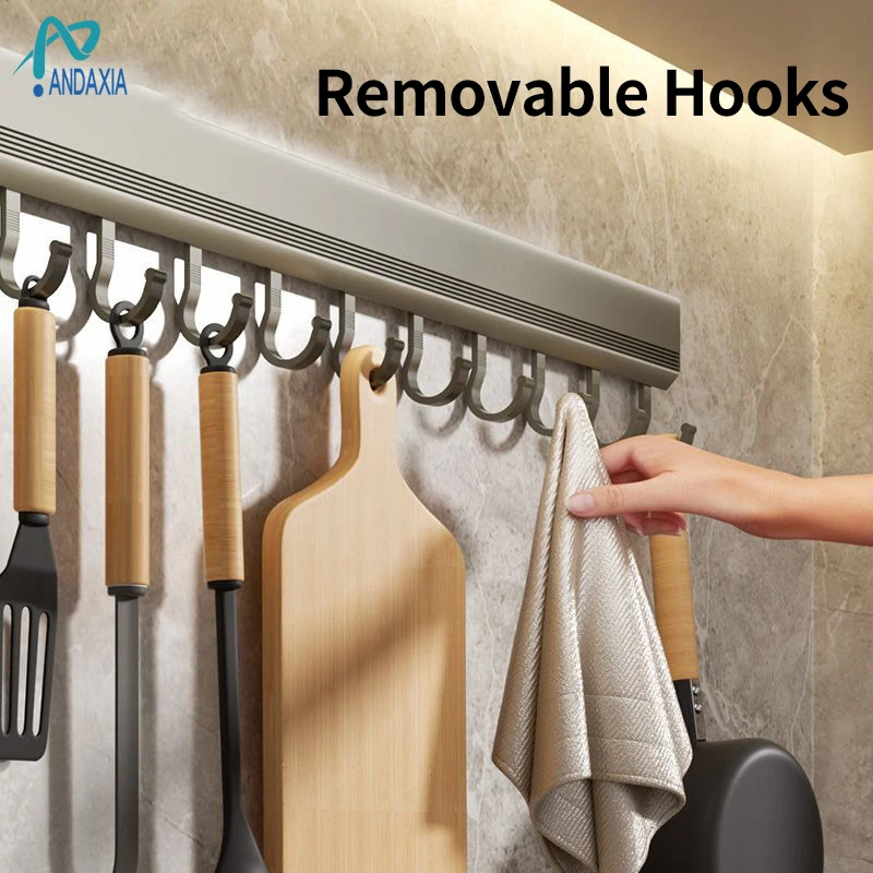 Kitchen Hooks Without Punching Space Aluminum Rack Hanging Rod Wall Hanging Spoon Spatula Shelf Wall Storage Metal Hooks