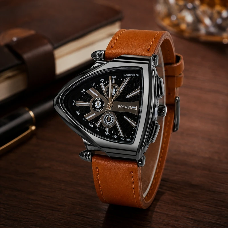 New Leather Strap Triangular Men's Watches Fashion Hollow Skeleton Dial Quartz Wristwatch Men Business Casual Male Clock Gift