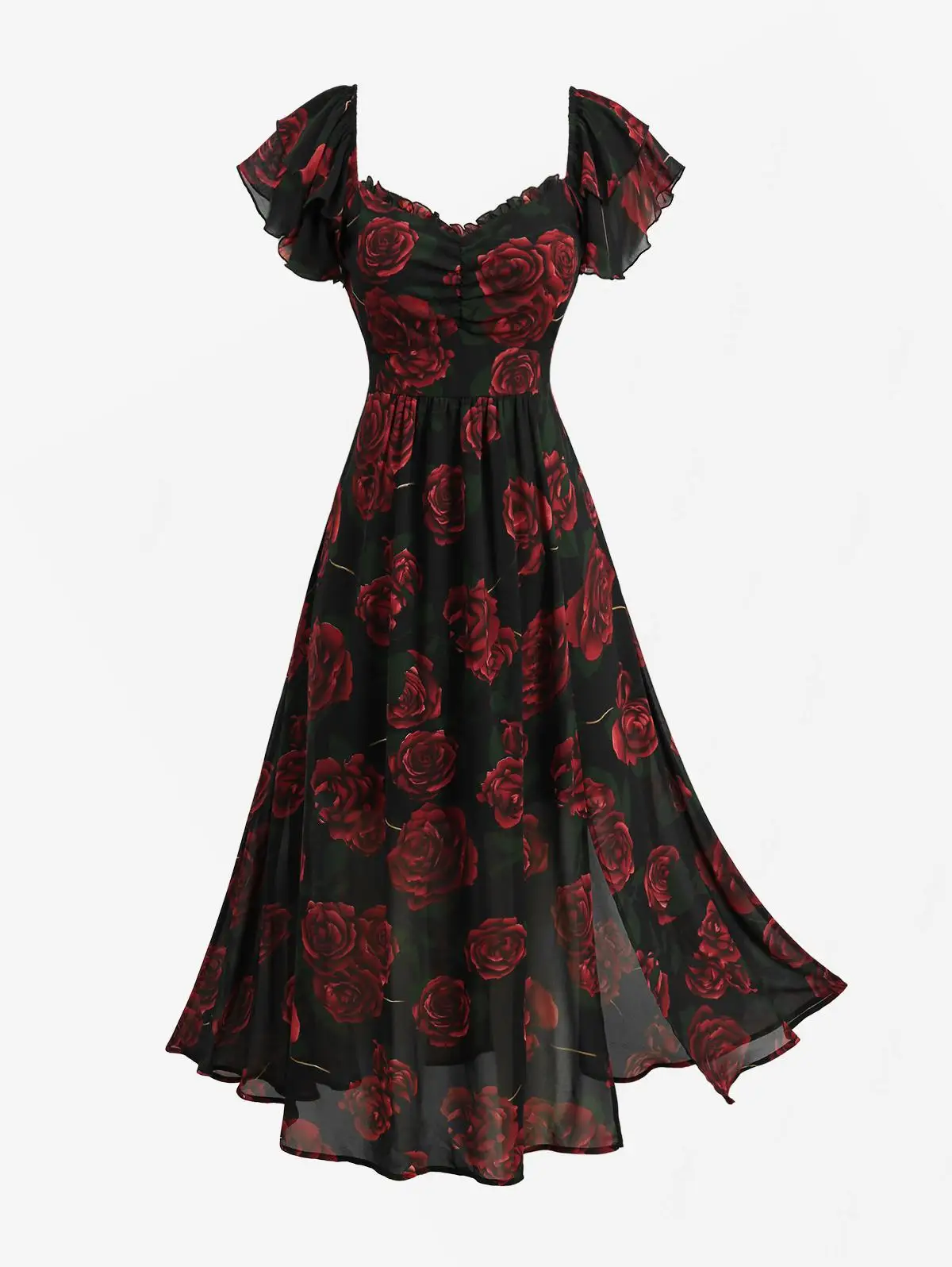 ROSEGAL Plus Size Rose Flower Print Ruched Split A-Line Dress 2026 New Arrived Women's Elegant Casual Maxi Dress Robe Vestidos