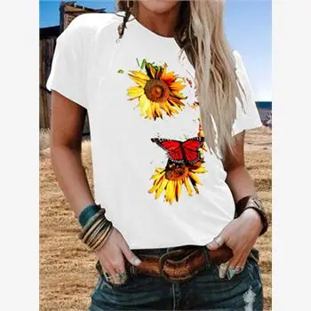 

Faionable round Ne Suower Print Casual Versatile ort Sve T-irt Women's Top Street Sle Creative Pattern