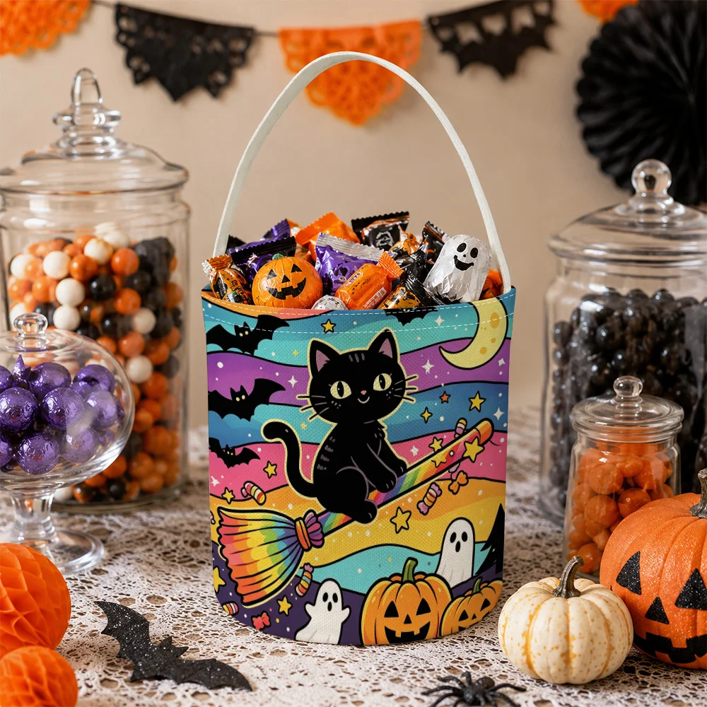 black cat flying Halloween Party Basket Goody Holder Candy Tote Sack Goody Pail Tote Bag Bucket Favor Holder