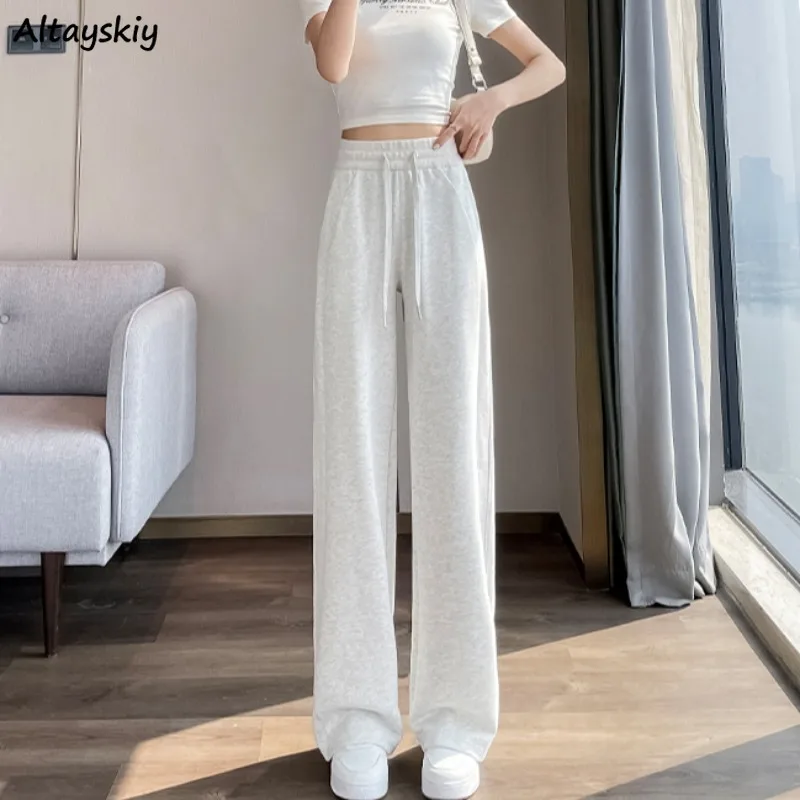 Pants Women Autumn Exercise Girls Solid Simple All-match Leisure Elastic Waist Baggy Cozy Wide Leg Slender Korean Fashion Trendy