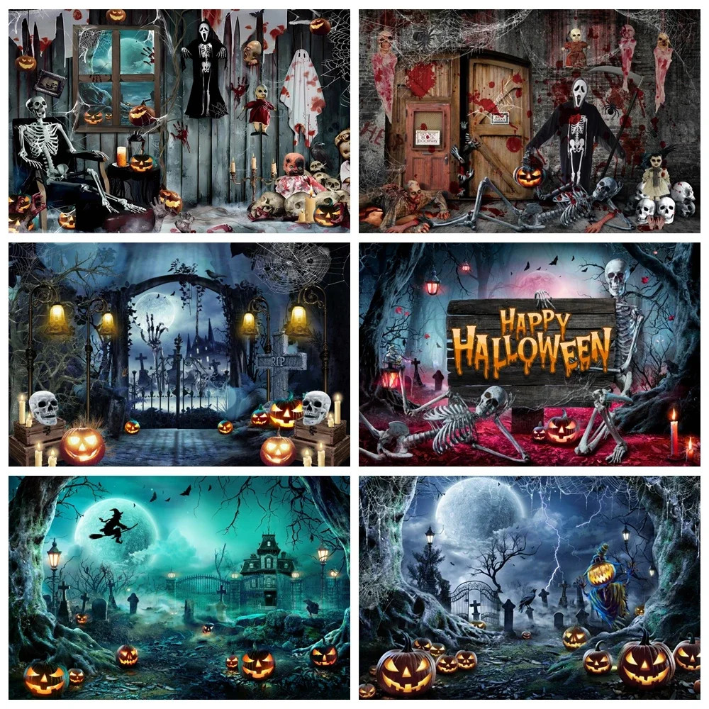 

Happy Halloween Party Photocall Backdrop Horror Night Scary Pumpkin Moon Forest Castle Children Portrait Photography Background