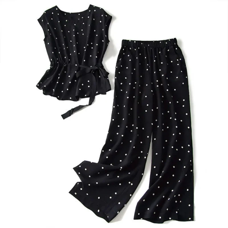 

Women's Polka Dot Two Piece Set Sleeveless Peplum Top High Waist Wide Leg Pants Summer Casual Elegant Outfit