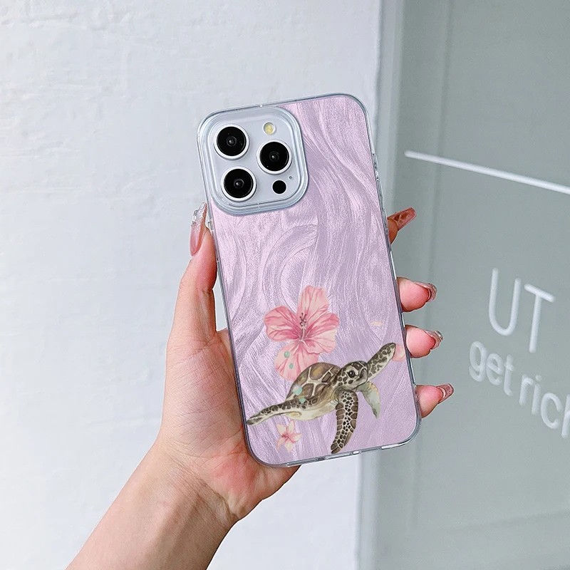 Rosa tartaruga do mar padrão caso de telefone para iphone 17 ar 16 16e 15 14 13 12 11 pro max 8 7 plus capa traseira brilhante