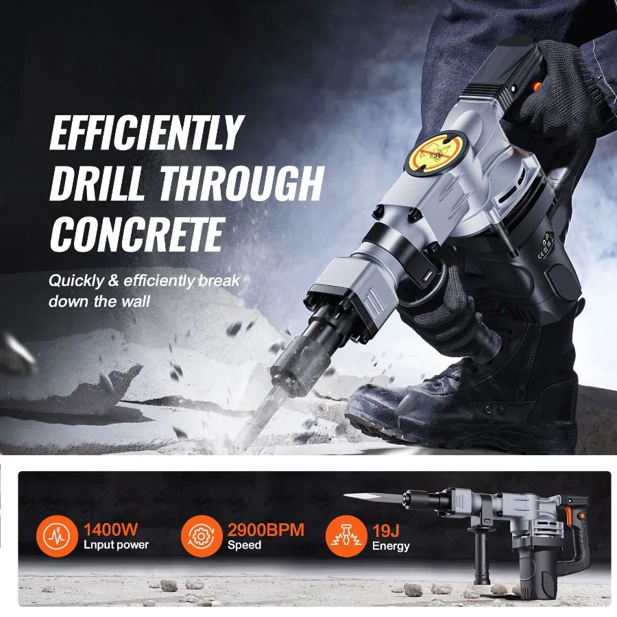 

1400W Electric Jackhammer Heavy Duty for Demolition Black Concrete Breaker with 2pcs Chisels Bits and Gloves 2900 BPM Includes