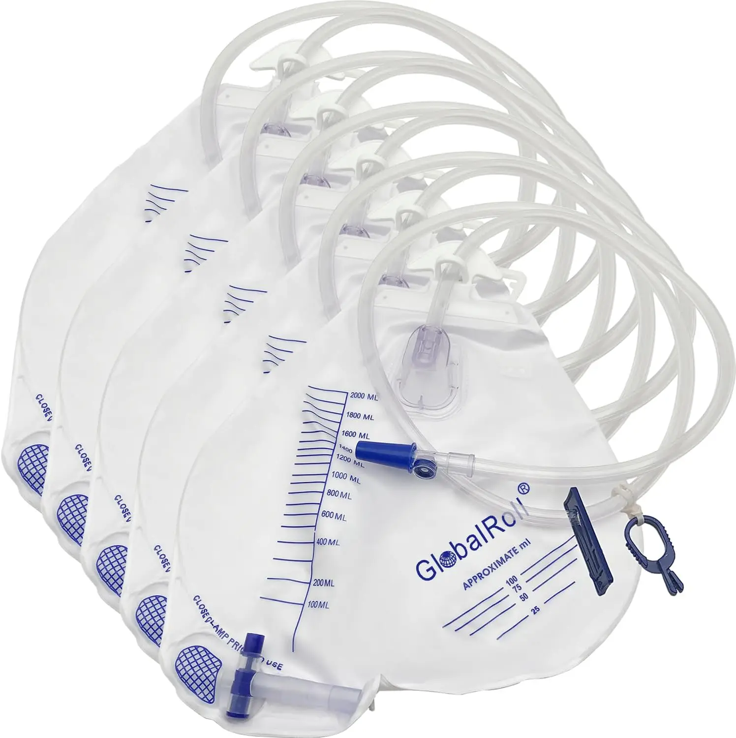5PCS Urinary Drainage Bag Set with Anti-Reflux Chamber 2000ml Capacity 48' Drainage Tube Includes Clips & Hanging Hook Urine Bag