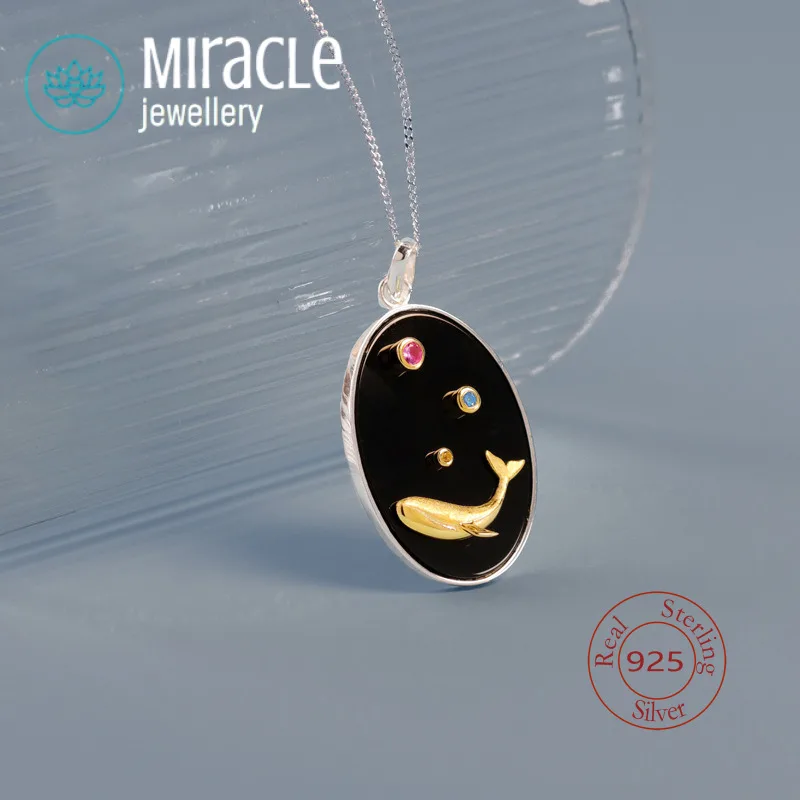 

Чудо, стерлинговое серебро 925, оригинальный дизайн, падающий эстетический поэтический кит, художественное унисекс, стильное ожерелье с инкрустацией черным ониксом