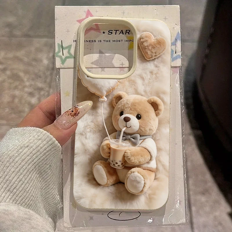 Pearl Milk Tea Bear Pattern Phone Case For iPhone 17 Pro Max 16 15 14 13 12 11 Pro 14 15 Plus 17 Air Silicone Soft Cover
