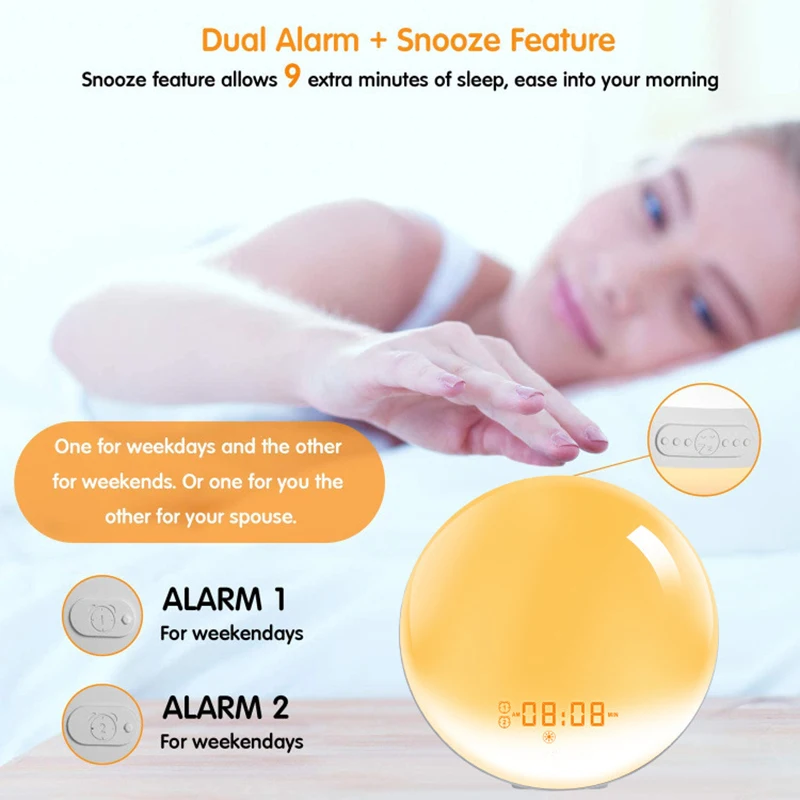 Natural Wake Up Light Digital Alarm Clock Sunrise Sunset Simulation Alarm Clock Has FM Radio 7 Colors Nightlight Snooze Function