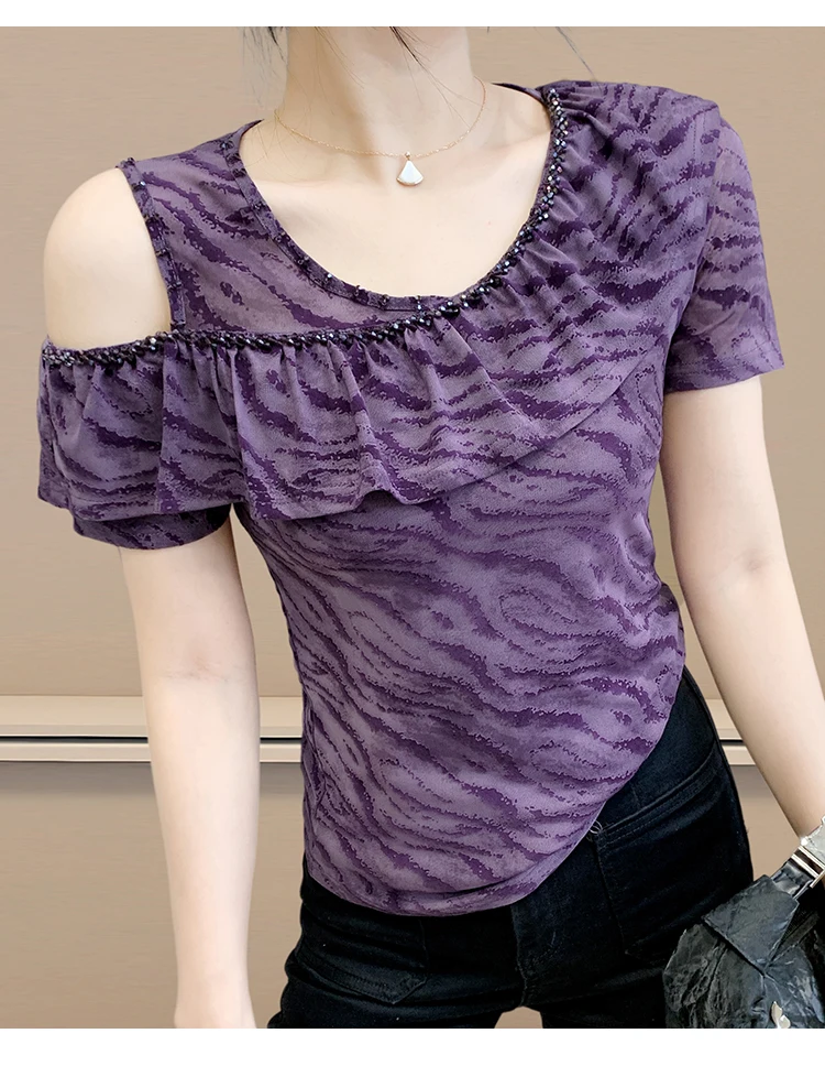 Summer Women's Beaded Off-Shoulder T-Shirt Ruffle Collar Elegant Slim Fit Versatile Styling Tops