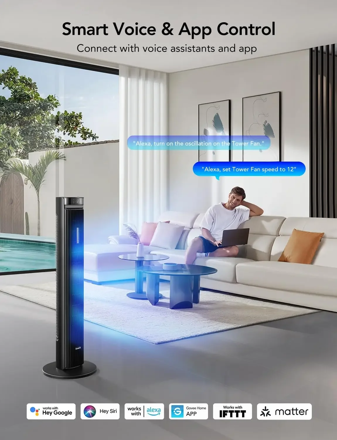 42-дюймовый башенный вентилятор для спальни, умные напольные вентиляторы с 150 °   Регулируемое осциллирование, приложение и голосовое управление, 5 режимов, 12 скоростей до 26