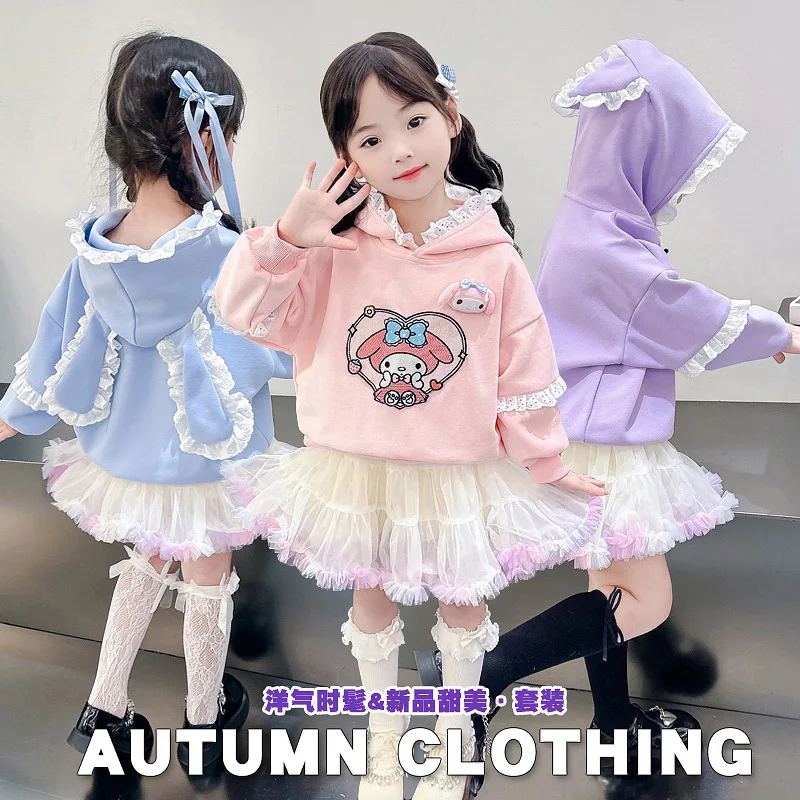 Anime Kawaii Cinnamoroll Kuromi Girls Hoodies Sweater Sanrios Spring New Korean Style Children Princess Embroidery Hoodies Tops