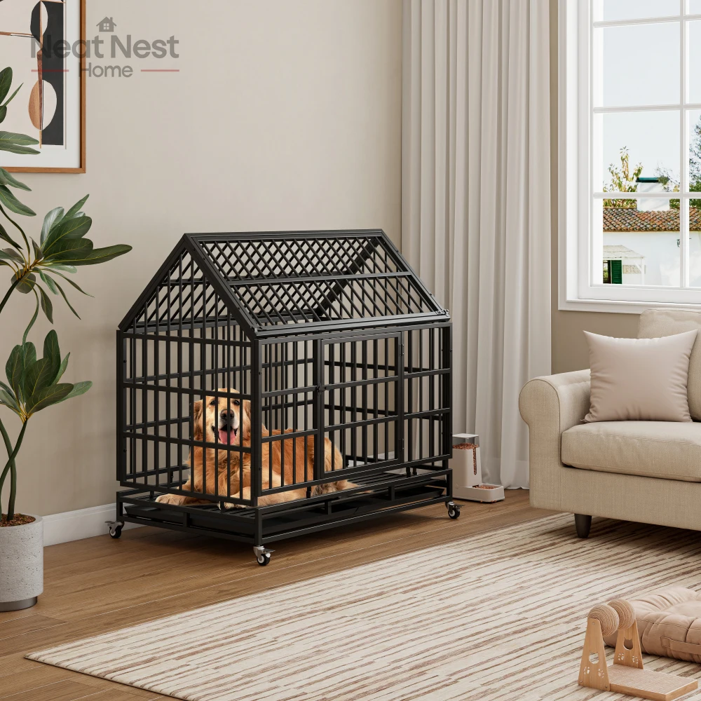 

Dog kennel,Heavy Duty Dog Crate with Wheels,Folding Metal Big Dog Cage for Large Dogs,Cage with pointed roof and Removable Tray