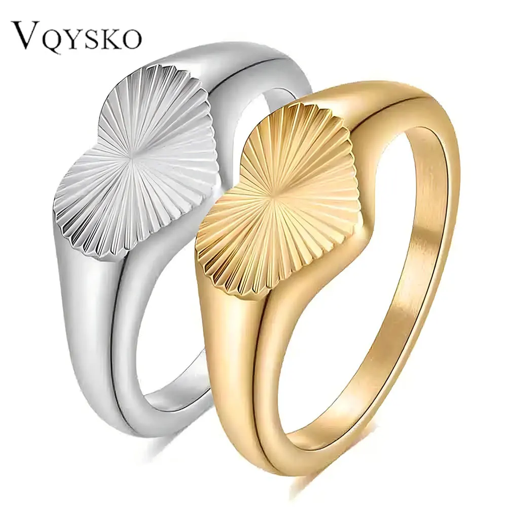 Vintage 9MM Heart-shaped Striped Stainless Steel Ring For Women Simple Fashion Gold color Rings Aesthetic Wedding Jewelry Gift