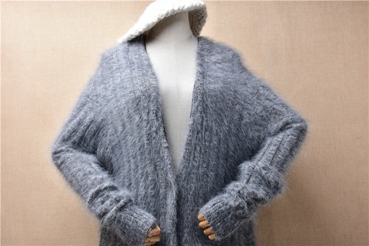 Women Mujer Autumn Winter Grey Striped Hairy Mink Cashmere Knitted V-Neck Long Sleeves Loose Long Sweater Cardigans Mantle Coat