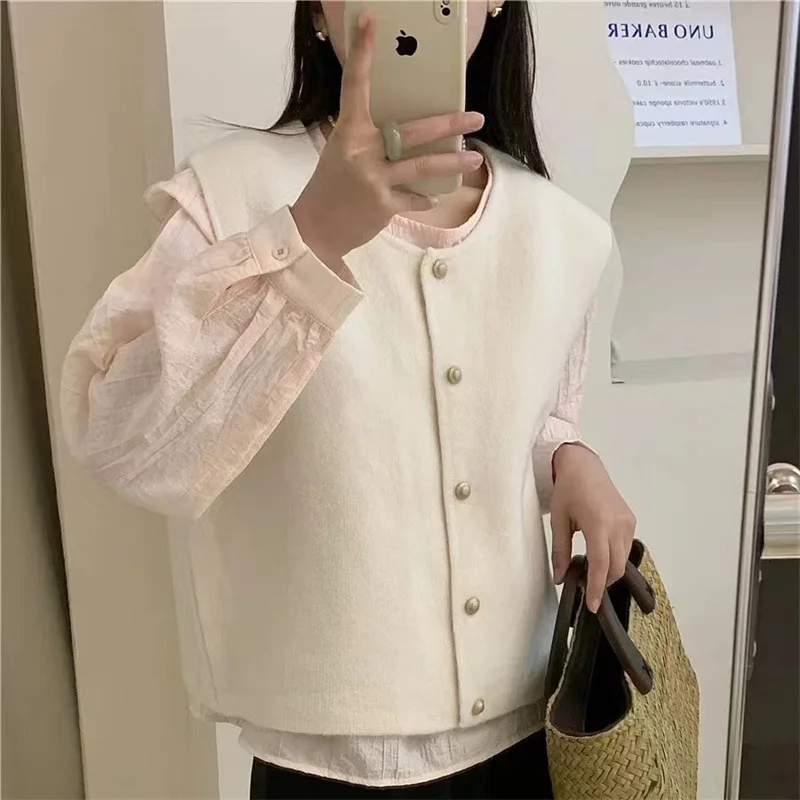 Round neck solid color knitted vest autumn new item, single breasted loose outer layer, layered sweater vest for women