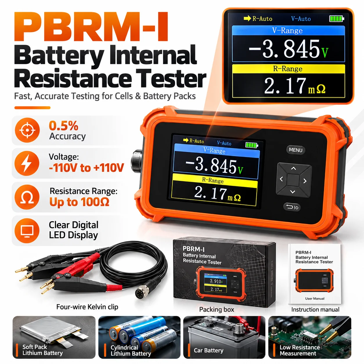 Voltage and Resistance Tester High-Precision Lithium Battery Internal Resistance Meter LED Display Rapid Measurement Easy to Use
