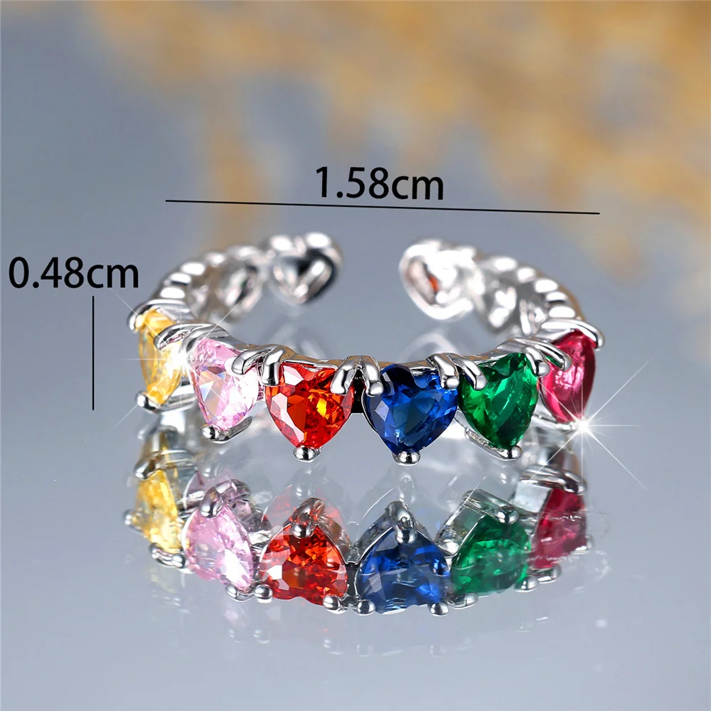 Cute Female Rainbow Zircon Stone Adjustable Heart Ring Vintage Silver Color Open Wedding Jewelry For Women