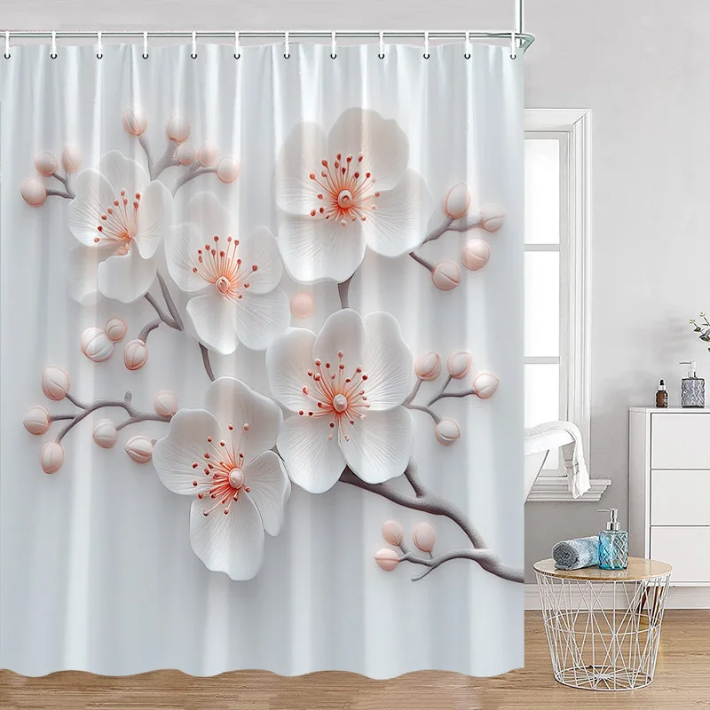 Luxury Gold White Floral Shower Curtain Rose Butterfly Cherry Blossom Modern Art Flower Polyester Fabric Bathroom Curtains Decor