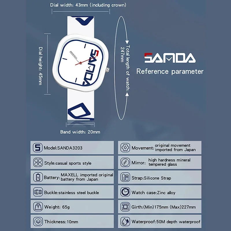 SANDA 3203 Design Men Wristwatch Brand Fashion Sports Quartz Watch Men Luxury Casual Waterproof Silicone Strap Men Clock Simple