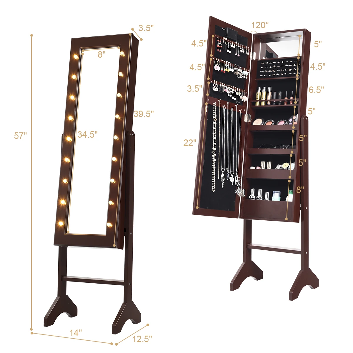 Free Standing Jewelry Cabinet, Mirrored Armoire Organizer com 18 luzes LED, Brown