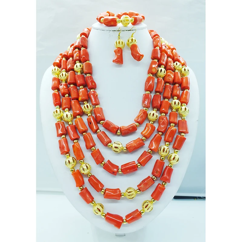 Latest  5 layer Party African Jewelry Set Nigerian Beaded Coral Jewelry Set Fashion Lady Jewelry Set