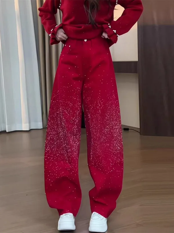 

High Waist Flared Knife Denim Jeans Women's Flaing Star with Hotfix Rhinestones Wide Leg Bootcut Blue Jeans