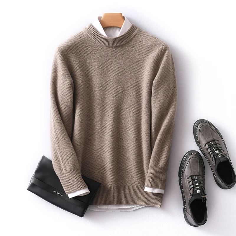 

Новый мужской свитер из 100% чистой шерсти с круглым вырезом, двойной толстый пуловер, свитер, однотонный вязаный базовый топ, рубашка