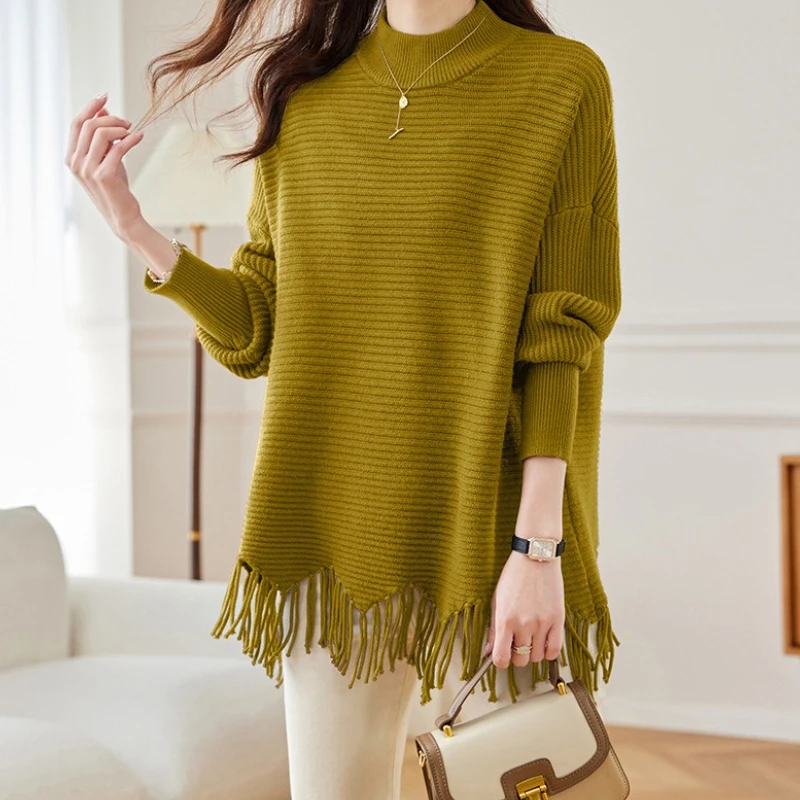 

Women Knitted Pullovers Jumpers Solid Sweaters Fringe Half High NeckLong Sleeve Loose Fit Office Lady Casual Autumn Winter 2025