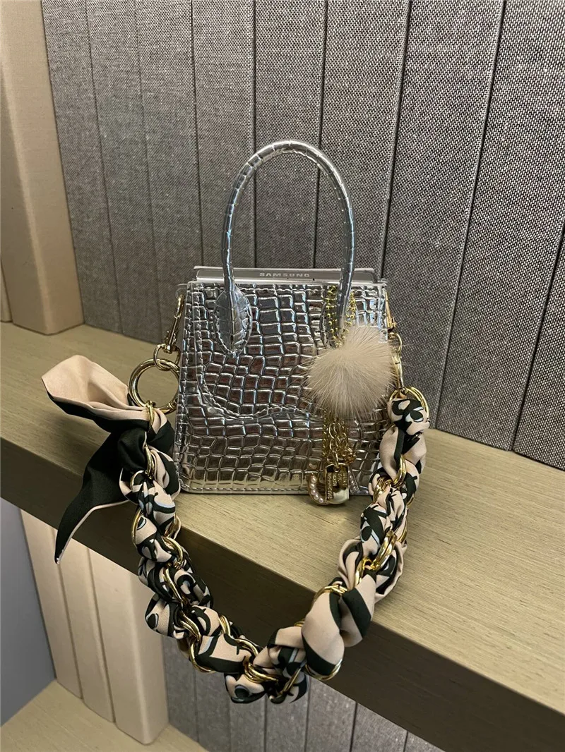 Luxury Fashion Handbag Silk Scarf Pearl Short Chain Phone Case For Samsung Galaxy Z Flip6 Case For Galaxy Z Flip5 Z Flip4 Flip7
