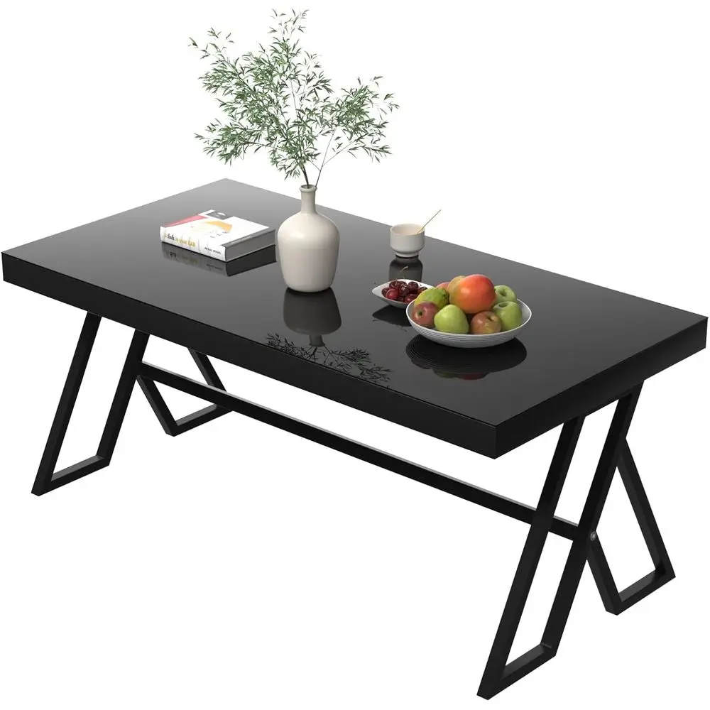 

46-inch Modern Tempered Glass Coffee Table with Metal Triangular Legs, Black Polished Surface, Scratch-Resistant, Ideal for Livi