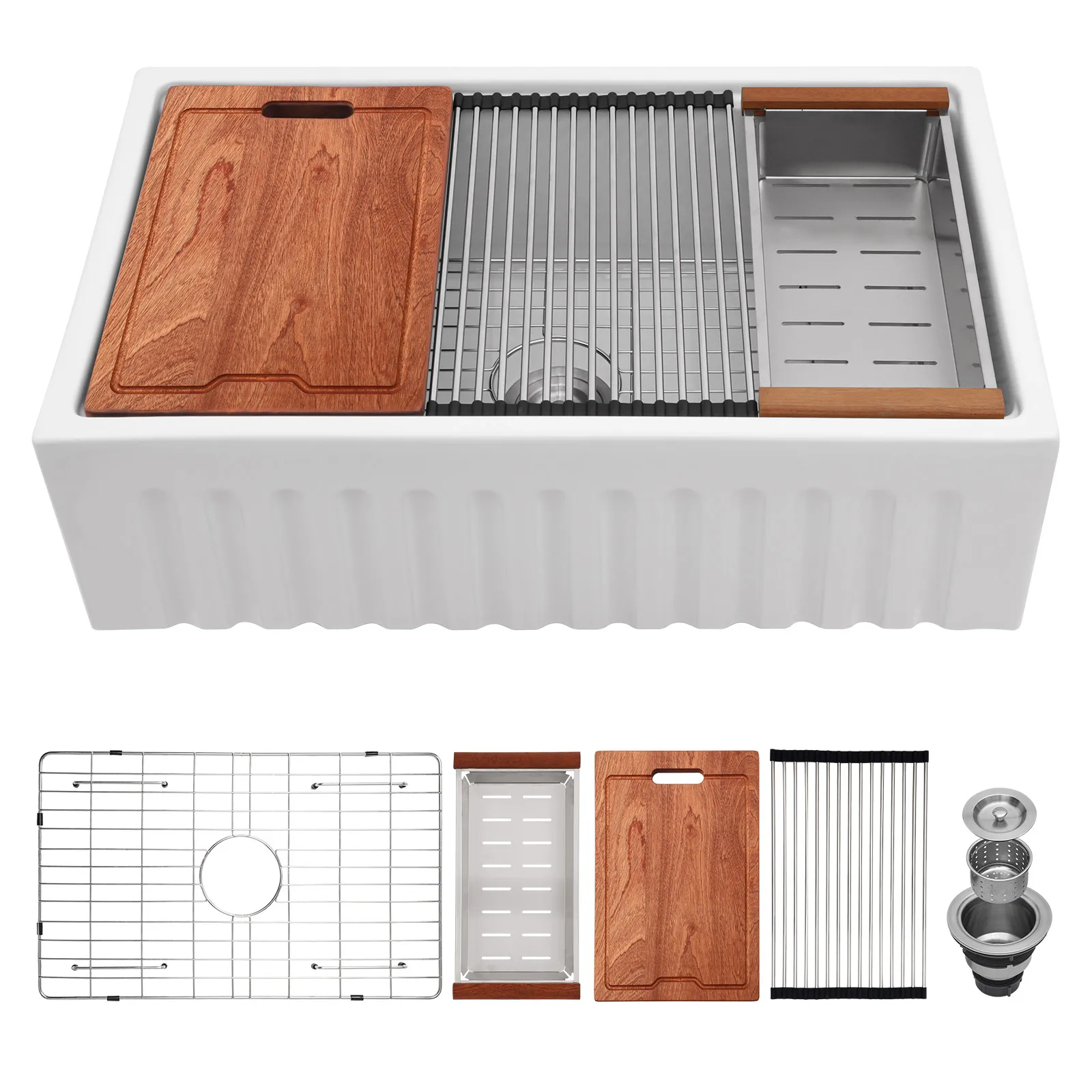 White 30inch Deep Bowl Apron Farm Sink Undermount Farmhouse Sink With Multifunctional Workstation