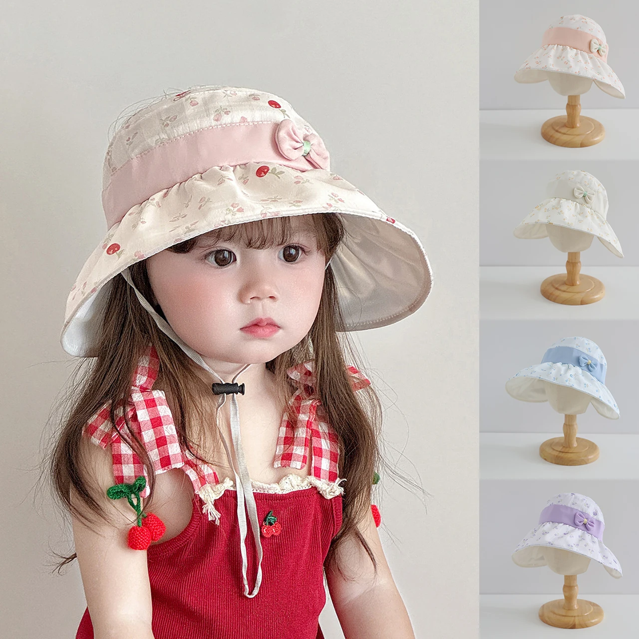 Baby Girls Sun Hat Foldable Large Brim UV Protection Hats Summer Empty Top Fisherman Cap 1-6Year Kids Flower Bow Sunscreen Caps