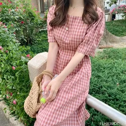 Vintage Cute Dresses Woman Summer Short Sleeve Bow Tie Lace-Up Slim Waist Korean Style Japan Design Cotton Plaid Dress Pink 5826