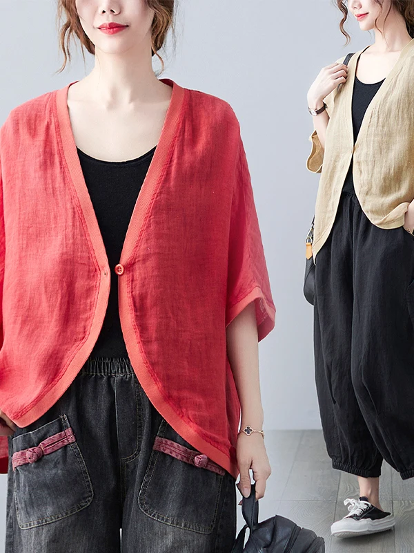 Women's Summer Thin Cotton Linen Sun Protection irt Artistic UV Protection Loose Fit ort Outerwear V-Ne Button up