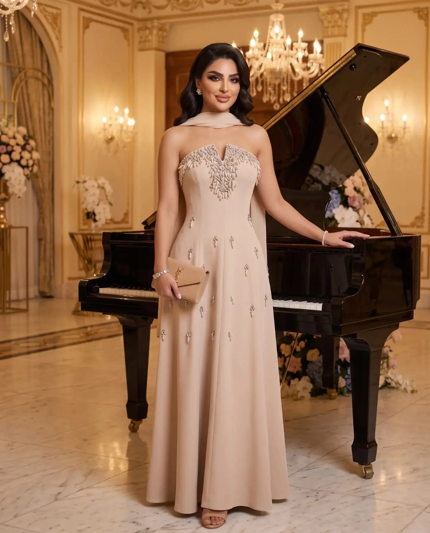Customized Mermaid Evening Dress Strapless Beaded Cape Scarf Stretch Crepe Floor Length Luxury Dubai Wedding Formal Party Gown