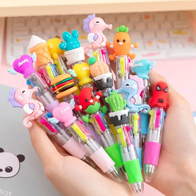 100PCS Cute cartoon cute four-color press color ballpoint pen student stationery June 1st final Christmas prize reward