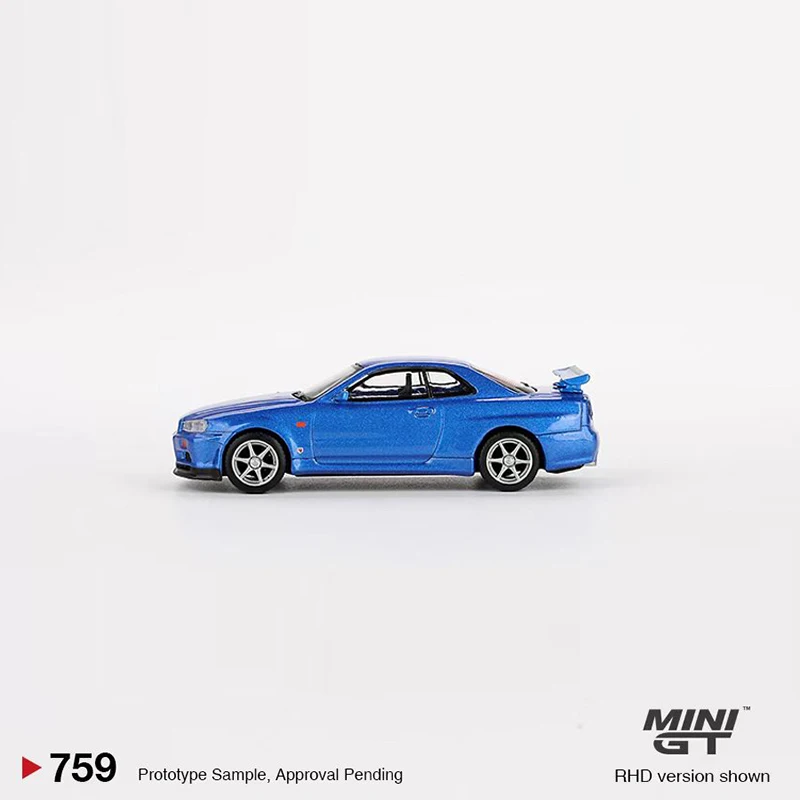 MINIGT 1:64 Jouet Modèle Voiture Skyline GT-R (R34) V-Spec Alliage Moulé Sous Pression Véhicule Bayside Bleu #759 Affichage Collection Cadeaux