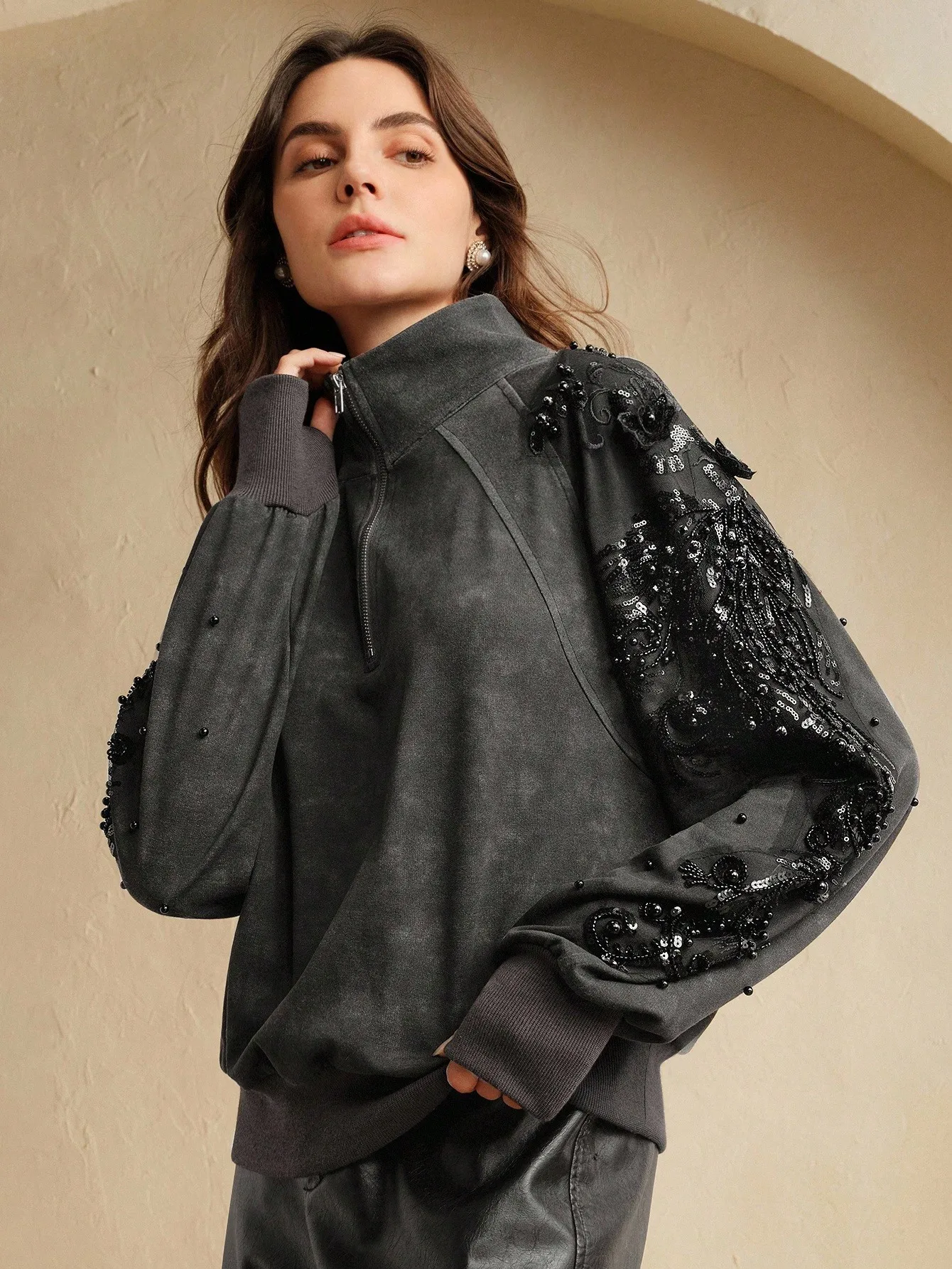 

Elegant Sequin Embellished Half-Zip Sweatshirt, Long Sleeve, Fall Winter Chic Casual Top