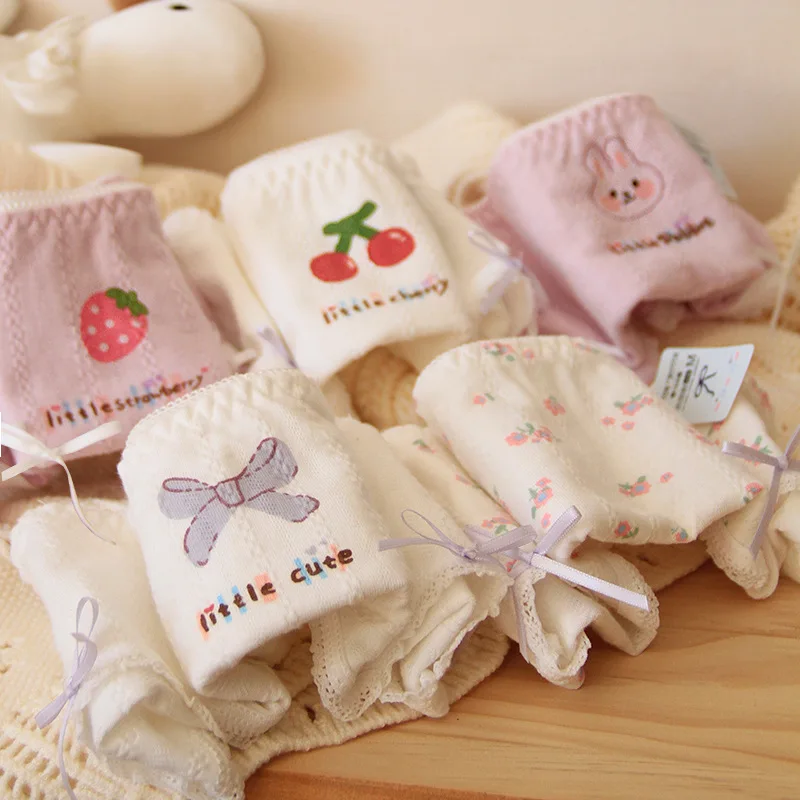 

new Young girl Underwear 5pc/lot Cotton Lovely middle Waist Briefs student Panties children flower Teenagers M-XL fashion