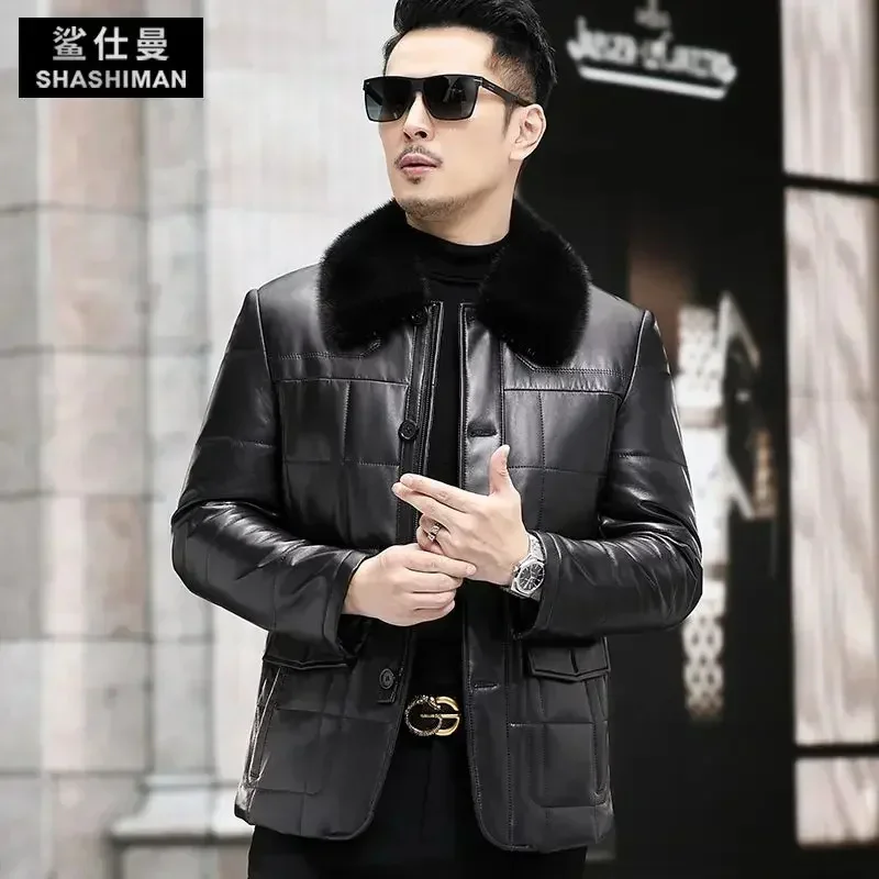 AYUNSUE Genuine Leather Jacket Men Winter 100% Brown Top Real Sheepskin Coats Warm Mink Fur Lapel Down Jackets Man