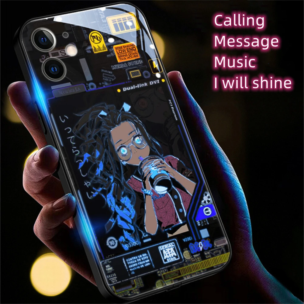 Japan Anime For iPhone 6 7 8 XR X XS 11 12 13 14 Pro Max Mobile Flash LED Luminous Tempered Glass Cover Night Light Phone Case