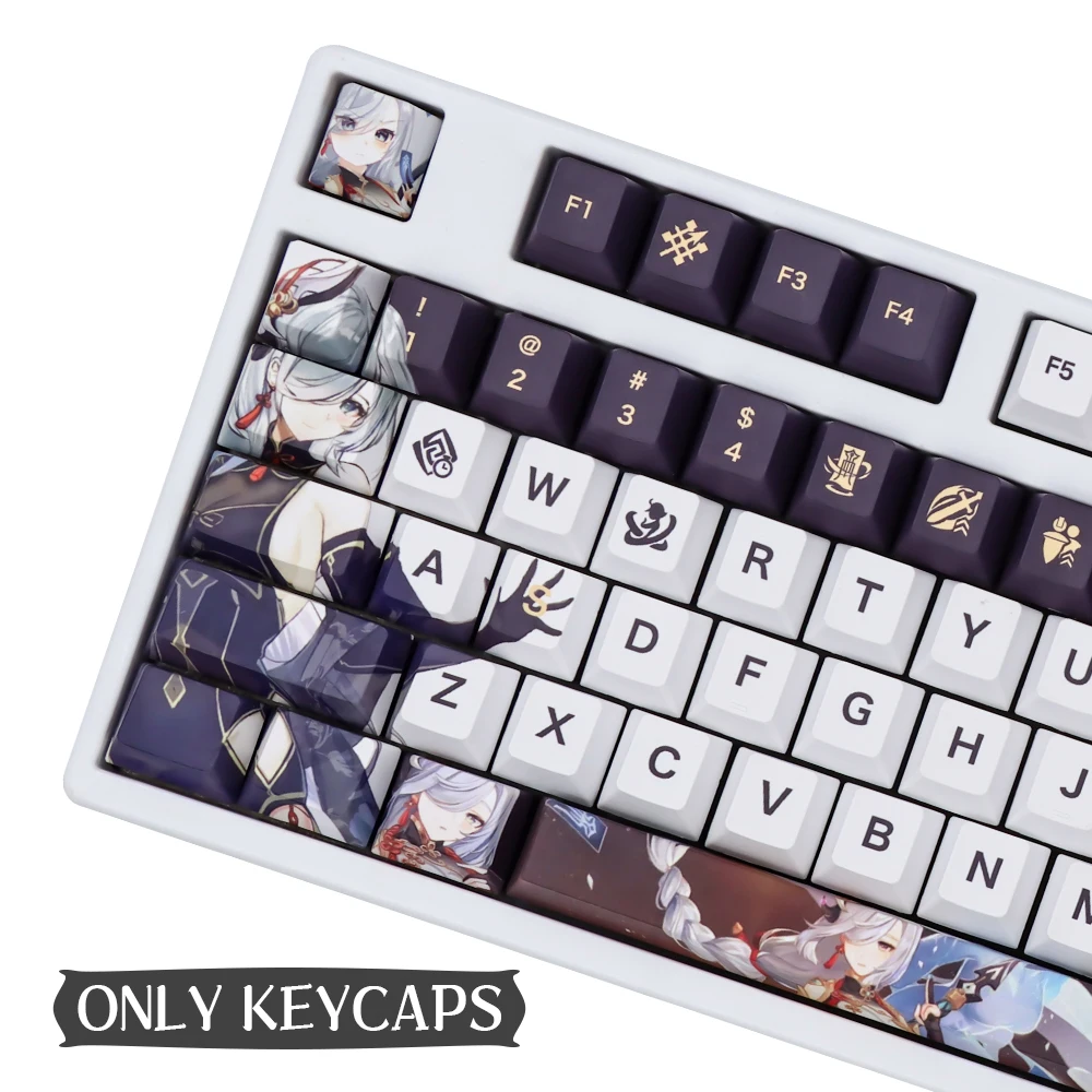 Imagem -02 - Genshin Impact Theme Black Keycaps Shenhe Keycaps Anime Pbt para Perfil Cereja Pbt Sublimação de Tintura Teclado Mecânico 136 Teclas