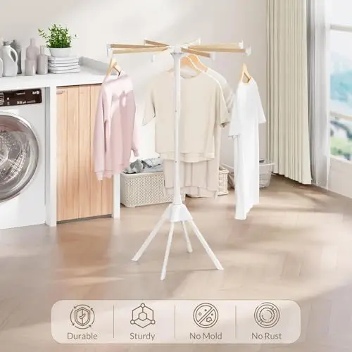 

8-Arm Adjustable Wooden Drying Rack Foldable Tripod Stand For Indoor Outdoor Laundry In Bedroom Bathroom Balcony RV